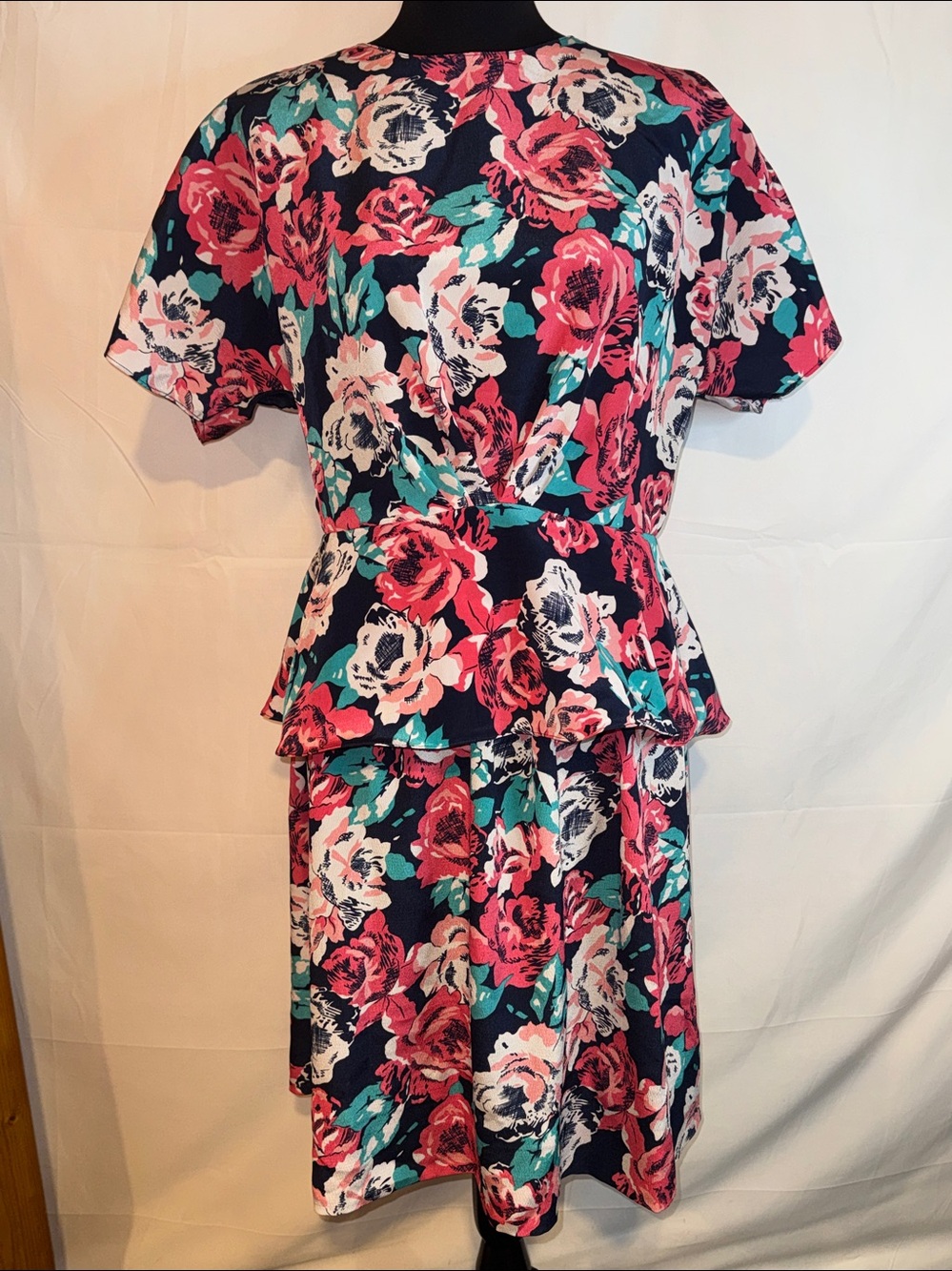 Jaclyn Smith Navy Floral Peplum Top and Skirt Set with Pink and Teal Blooms